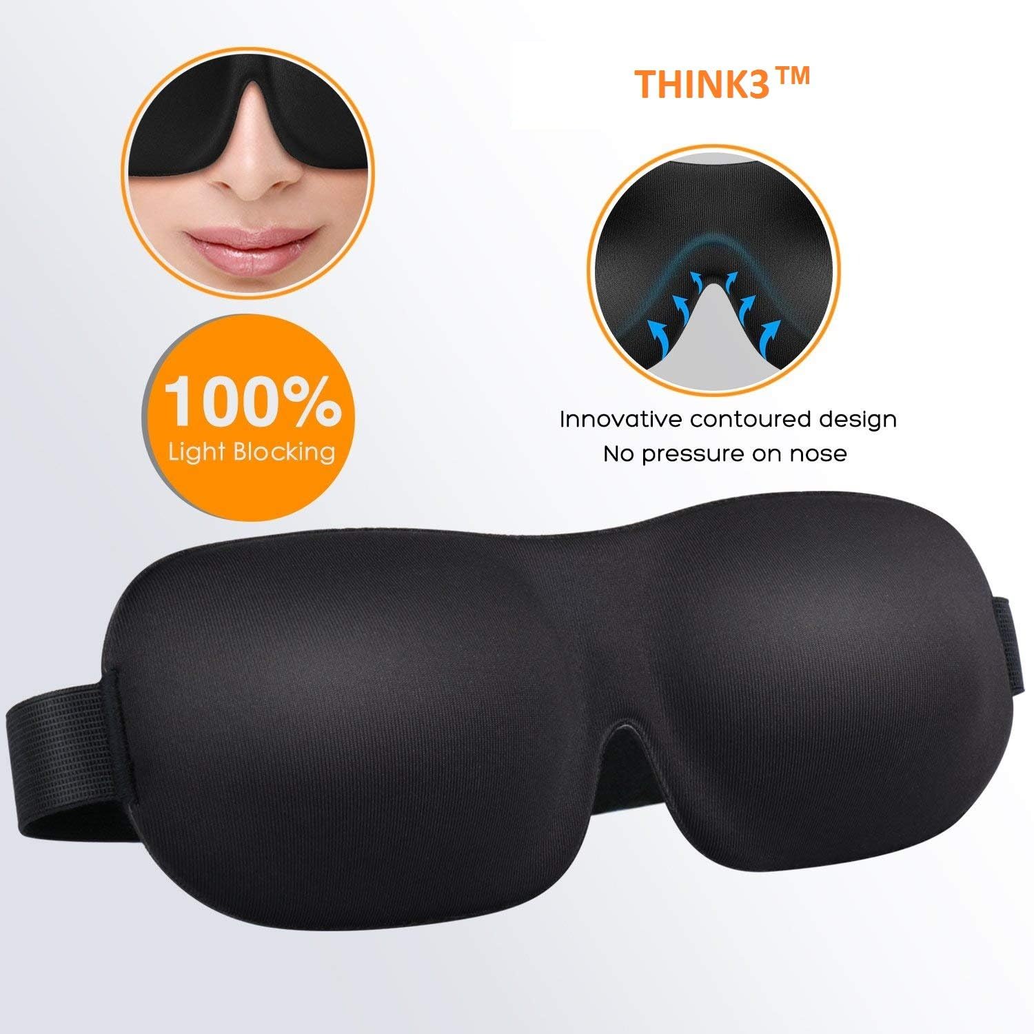 THINK3 Upgraded Contoured Comfortable 3D Eye Mask/Plugs with Carry Pouch