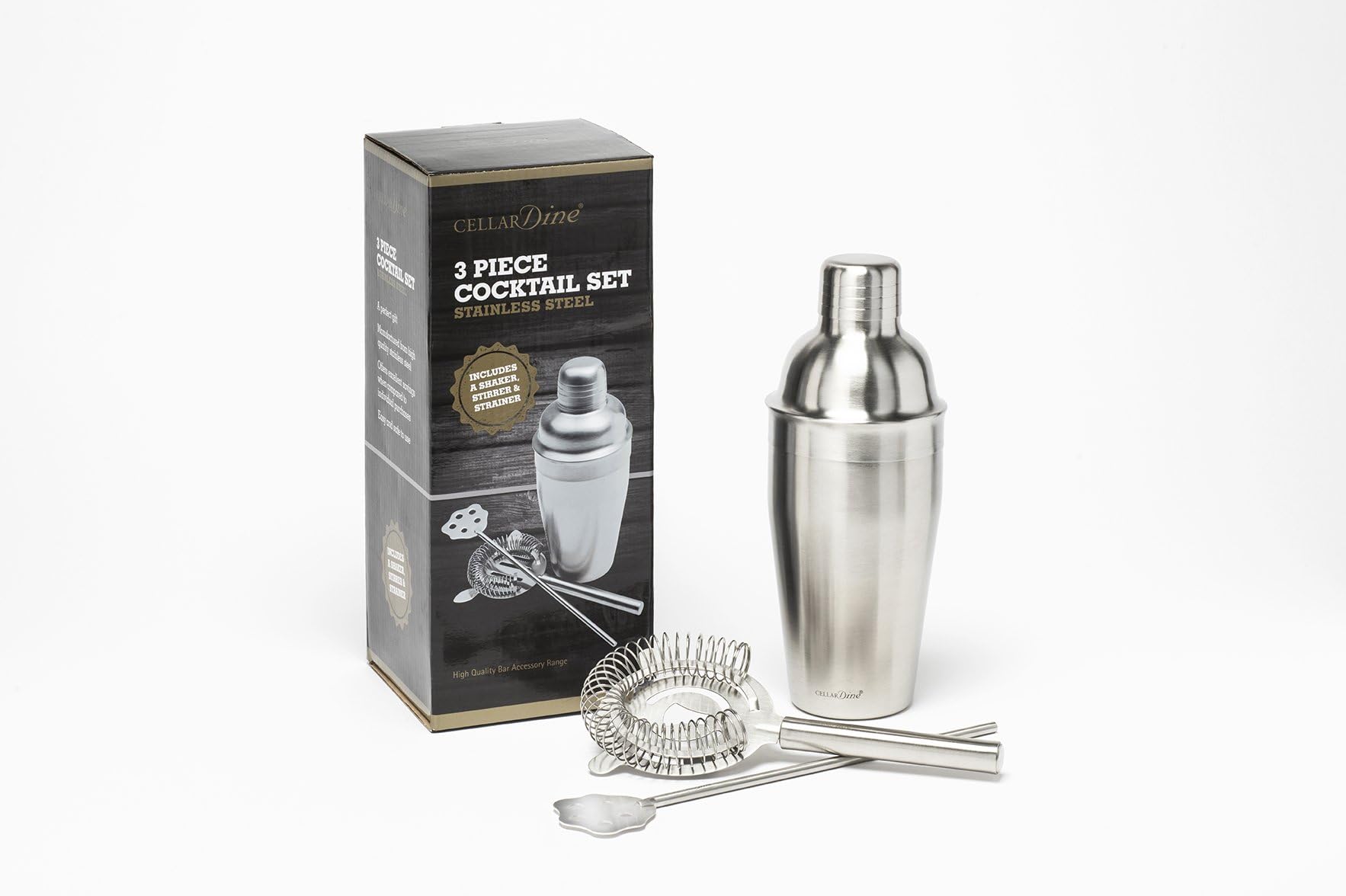Cellardine 3 Piece Cocktail Set, Stainless Steel, Silver, One Size