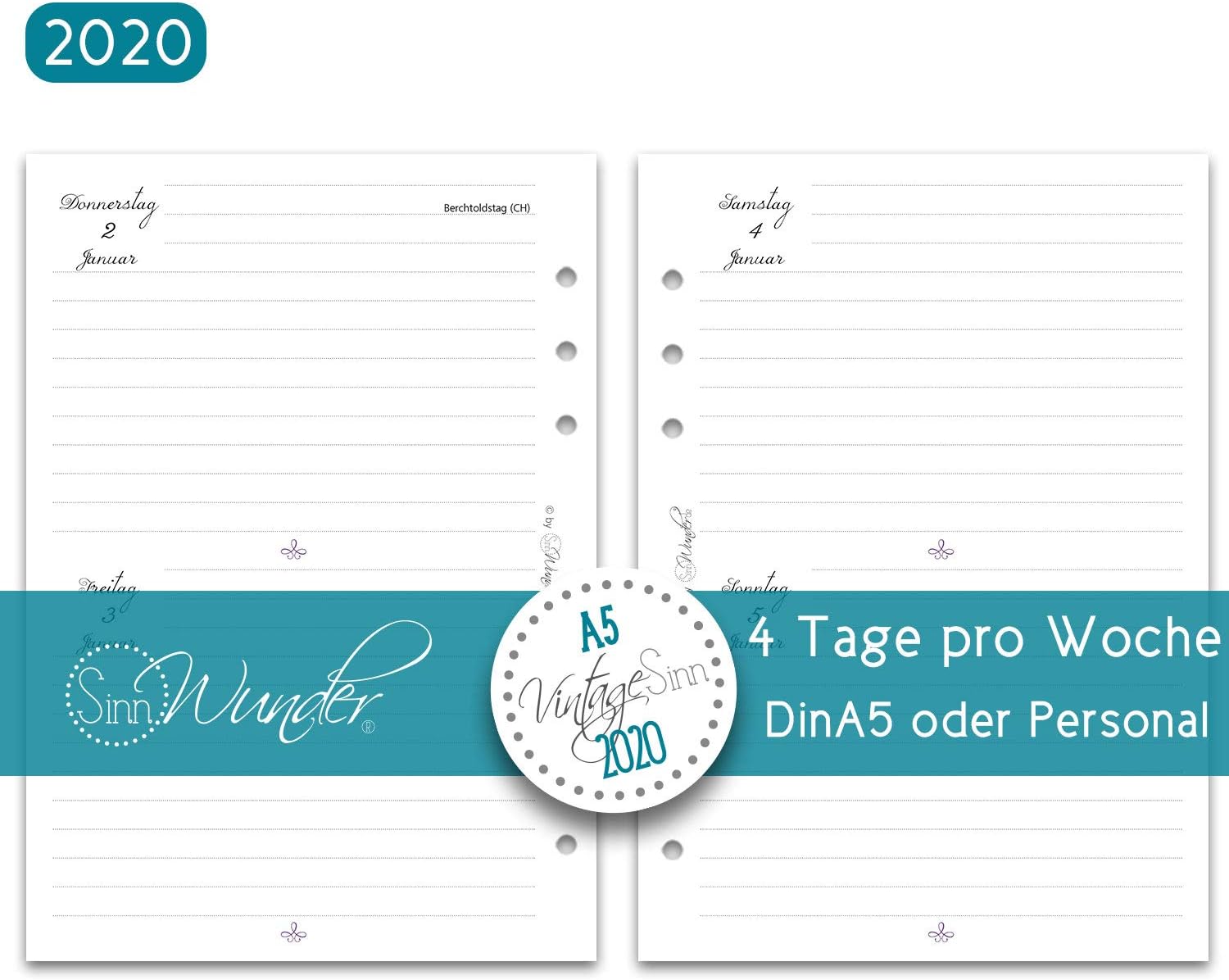 SinnWunder 2019 Premium Calendar Insert 2 Days / 1 Page VintageSinn 2020 - Din A5 VintageSinn
