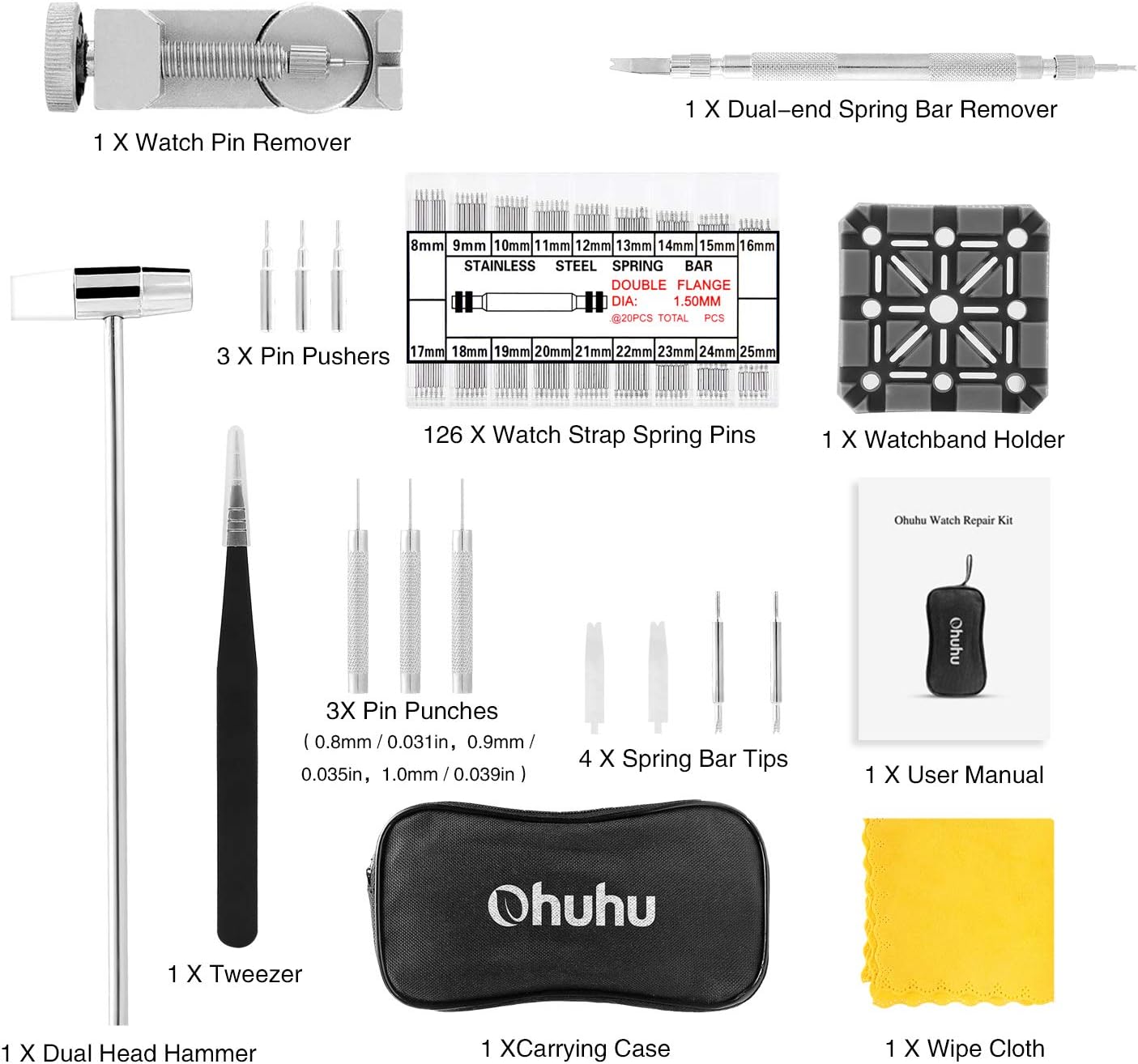 Watch Link Remover Kit, Ohuhu 142pcs in 1 Link Remover Repair Tool, Watch Band Strap Link Pin Remover with 3 Extra Pins, Spring Bar Tool Set with Extra 4 Tips Pins, 126PCS Extra Watch Band Link Pins: Home Improvement