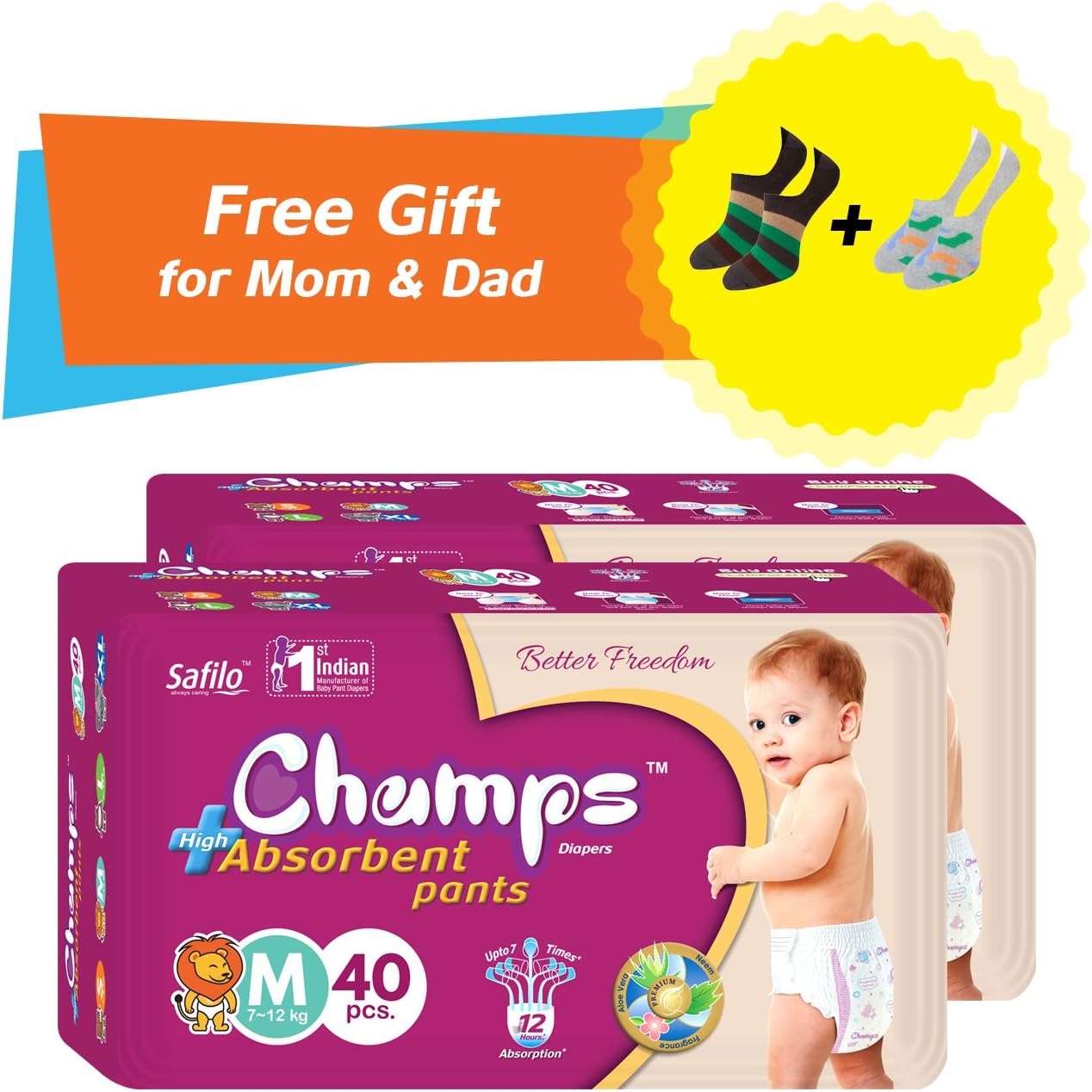 Premium Champs High Absorbent Pant Style Anti-Rash and AntiBacterial Baby Diaper with Pair of Secret and Loafer Socks (Medium, 40) - Pack of 2