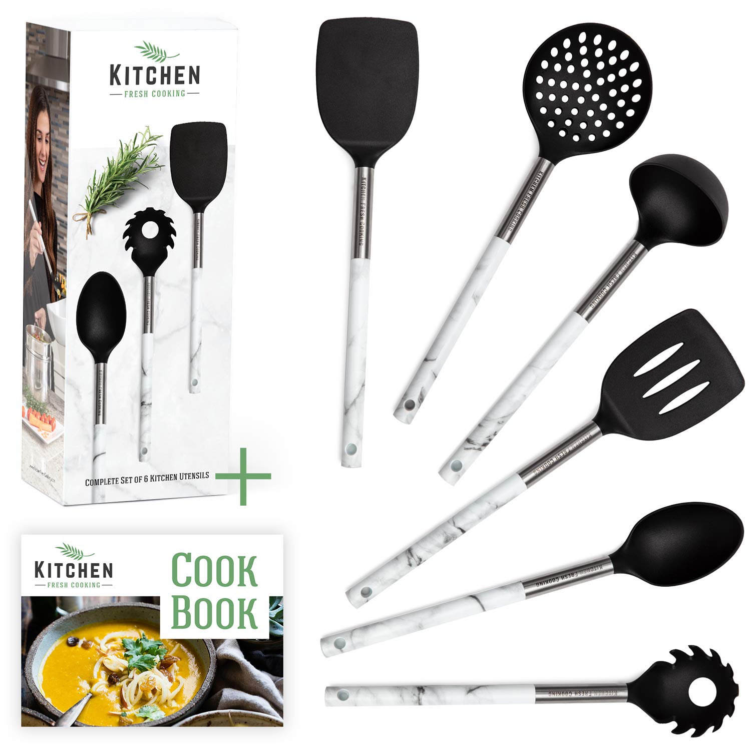 Kitchen Utensil Set of 6 - Lightweight, Heat-Resistant and Easy To Clean - This Cooking Utensils Set Comes In A Modern Marble Design (Black)