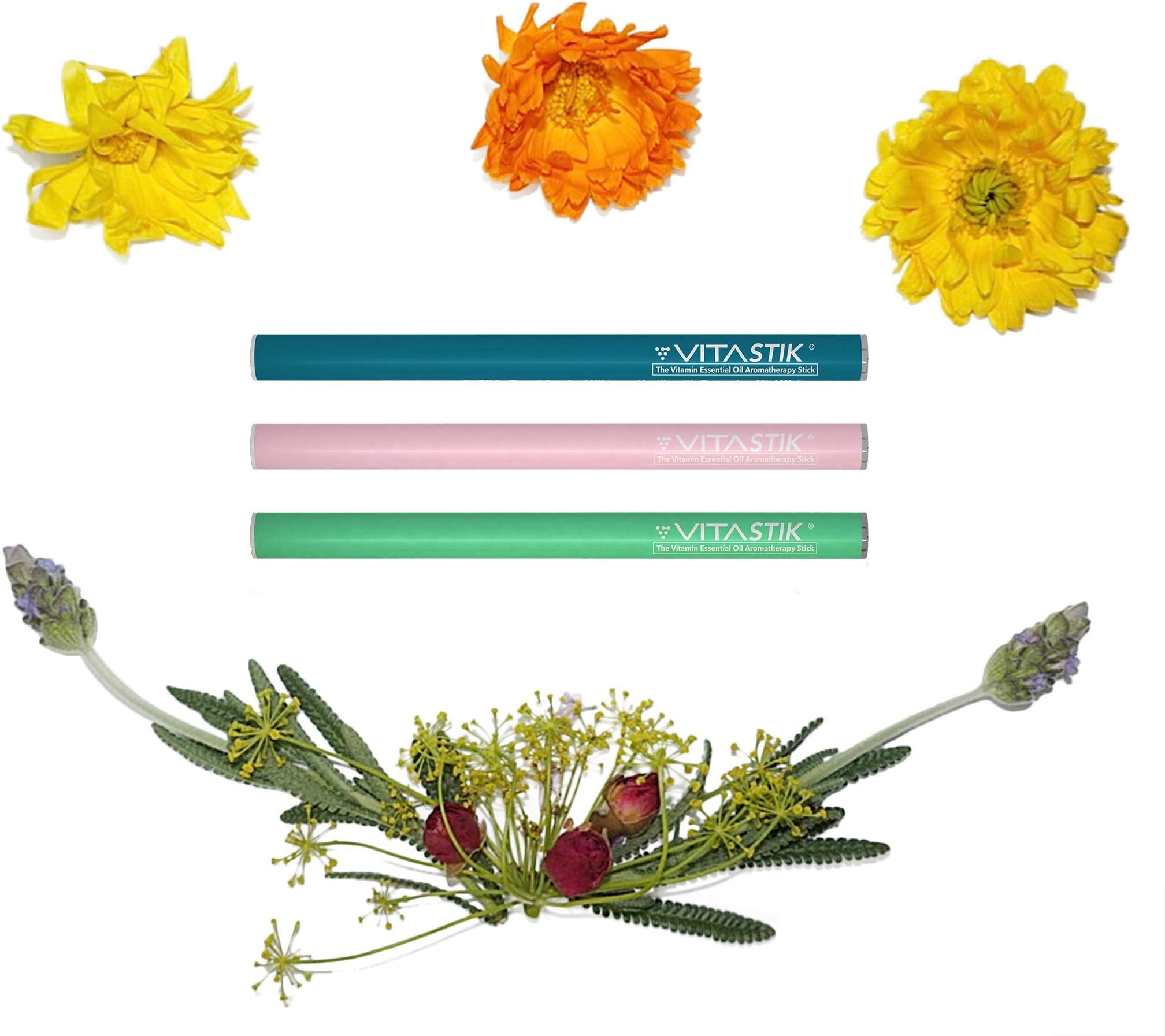 Vitamin Essential Oil Diffuser Stick - VITASTIK 3 PACK - Just $11 per/stik - Organic Vitamins C, B12, CoQ10 - Personal Aromatherapy Diffuser (FLOWER WATERS - Amore, Flora, Hibiscus)