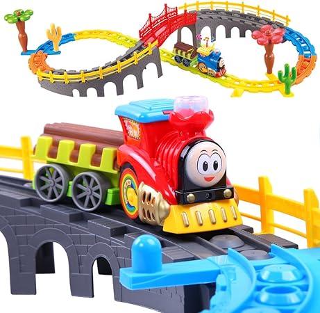 Amazon 機関車 レールセット 8の字 レールウェイ 動くトレイン 電池式 ライト 橋 木 男の子 おもちゃ 誕生日プレゼント 車両 レールセット おもちゃ