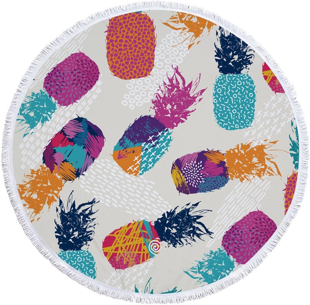 Utopone Round Beach Towel Pineapple Microfiber Circle Beach Towels with Tassels, Large Throw Beach Towel Blanket for Adults Girls(Colorful, 59 Inch)