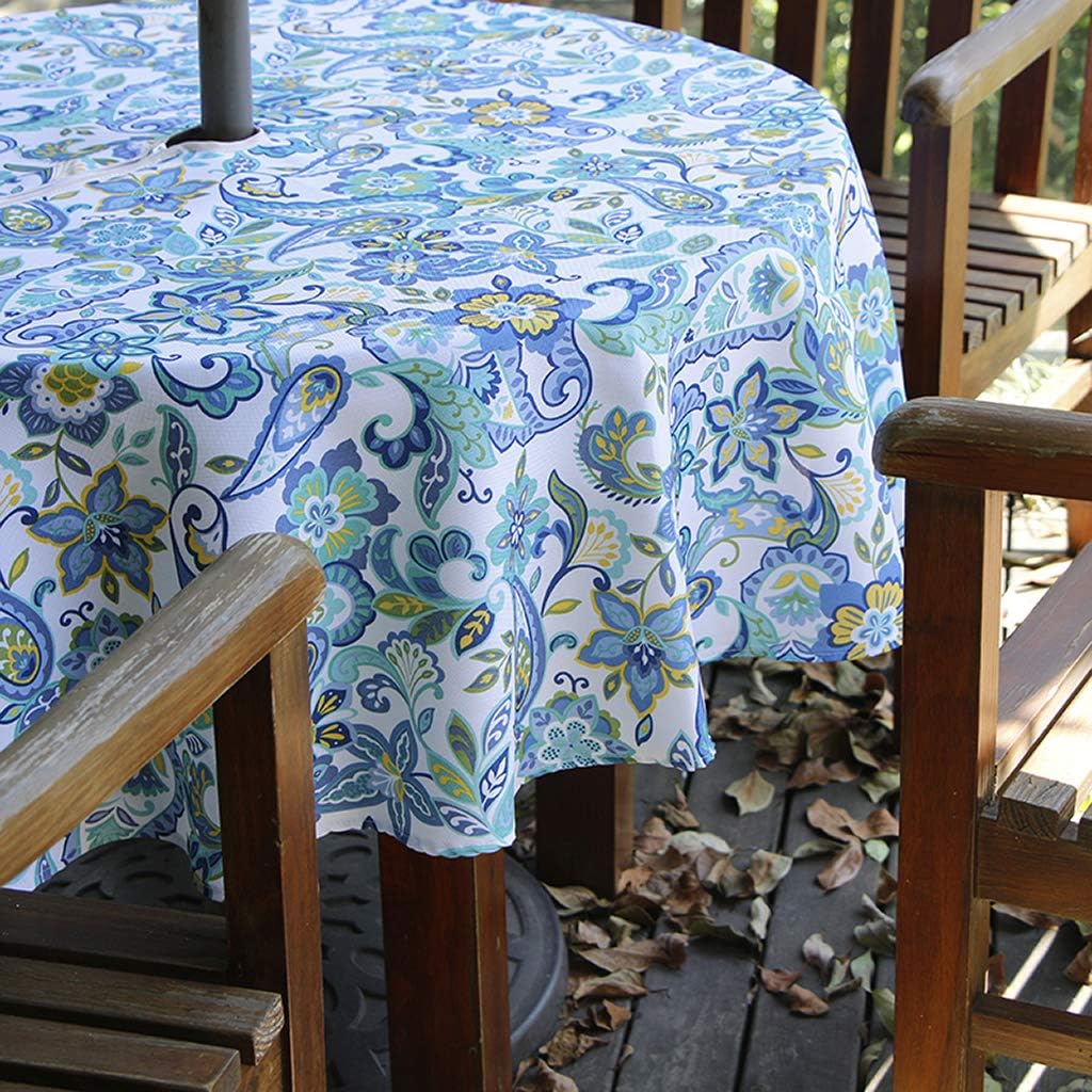 Amazon Com Btsky Durable Patio Outdoor Umbrella Tablecloth With Zipper And Umbrella Hole Water And Stain Resistant Round Tablecloth 60 Inch White Blue Home Kitchen