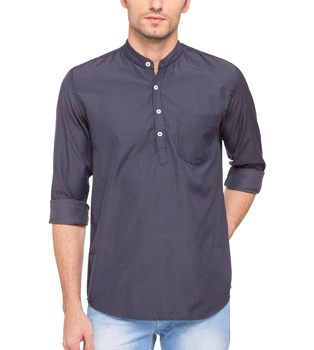 nick&jess men's ethnic wear : navy blue dobby short kurta shirt