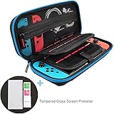 Carry Case & Screen Protector Compatible with Nintendo Switch, Protective Travel Hard Case (20 Card Holders, Large Capacity, No Stuck Zipper) + 1PCS Tempered Glass Screen Protector, Blue
