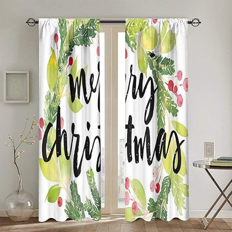 Amazon カーテン 遮光 水彩画スタイルのクリスマスリースとヤドリギのレタリング 断熱 昼夜目隠し 2枚組130cm X 210cm カーテン オンライン通販