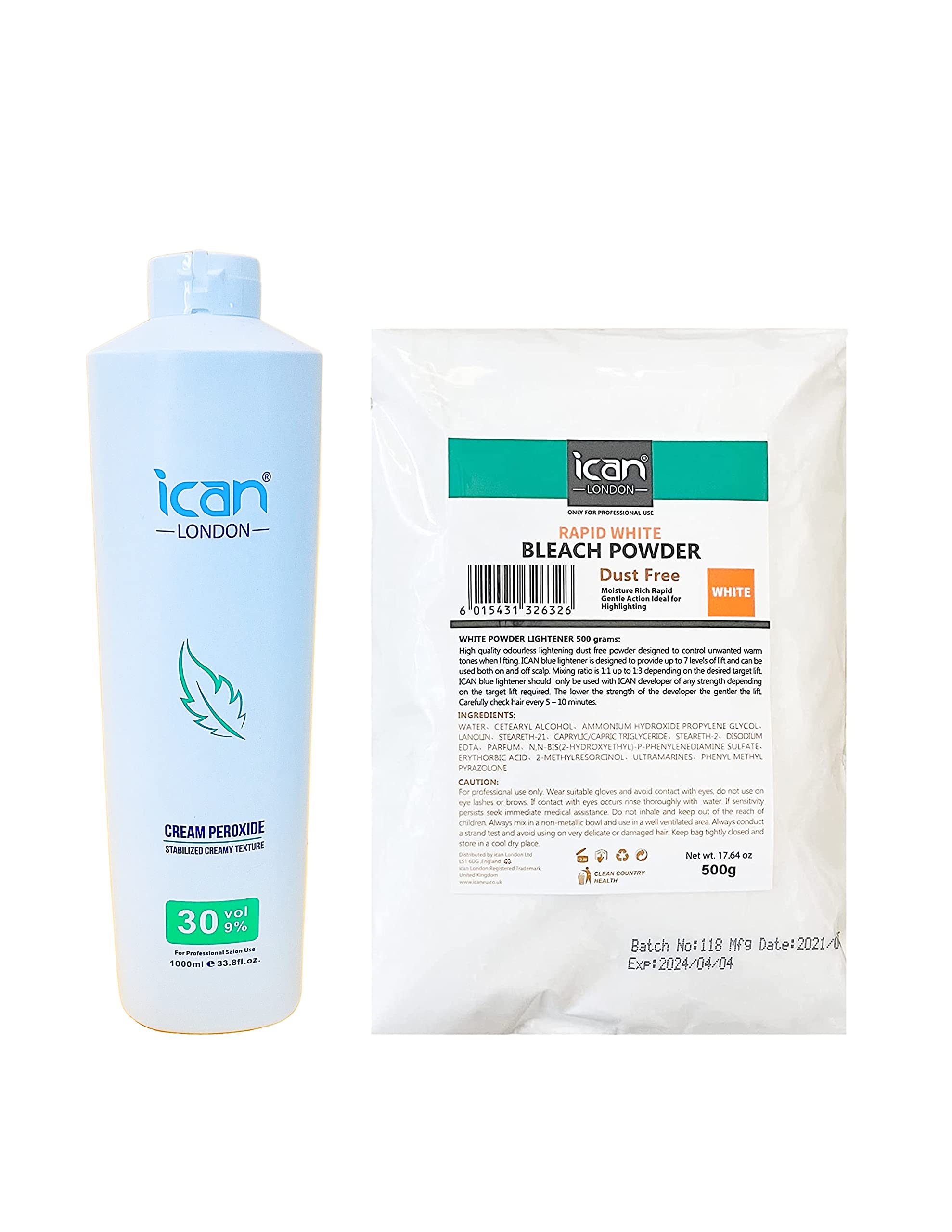 ICAN LONDON PROFESSIONAL CREAM PEROXIDE 30 VOL 9% 1000 ML + WHITE POWDER BLEACH 500 G COMBO SET