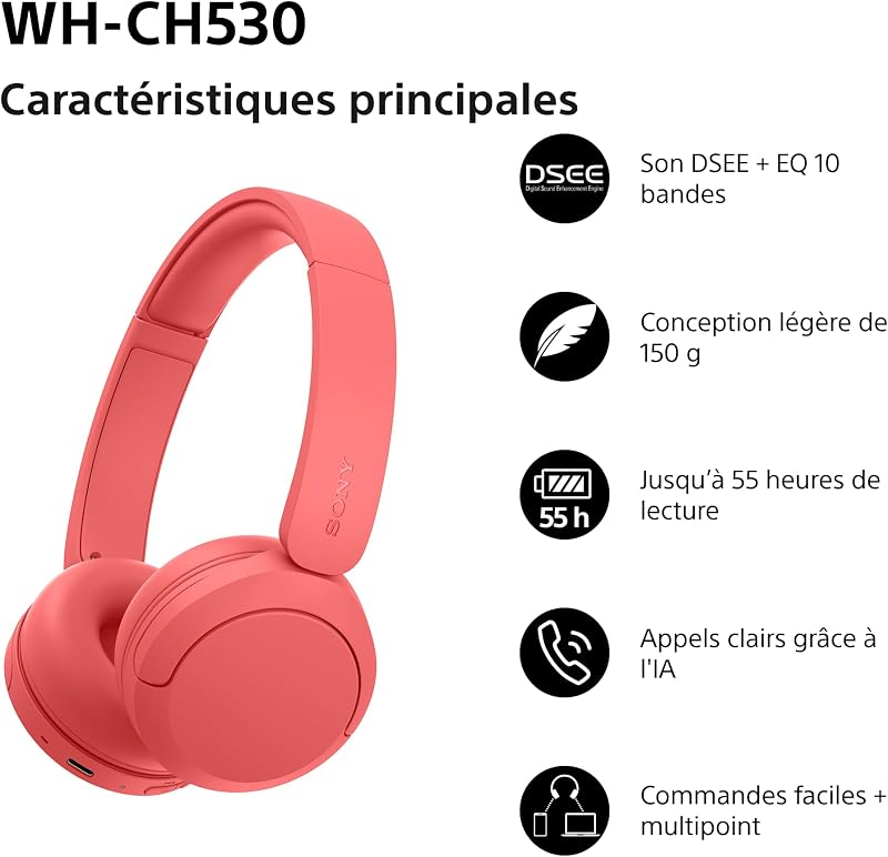 WH-CH530 Casque Bluetooth sans Fil - Rouge Corail Exclusif Amazon