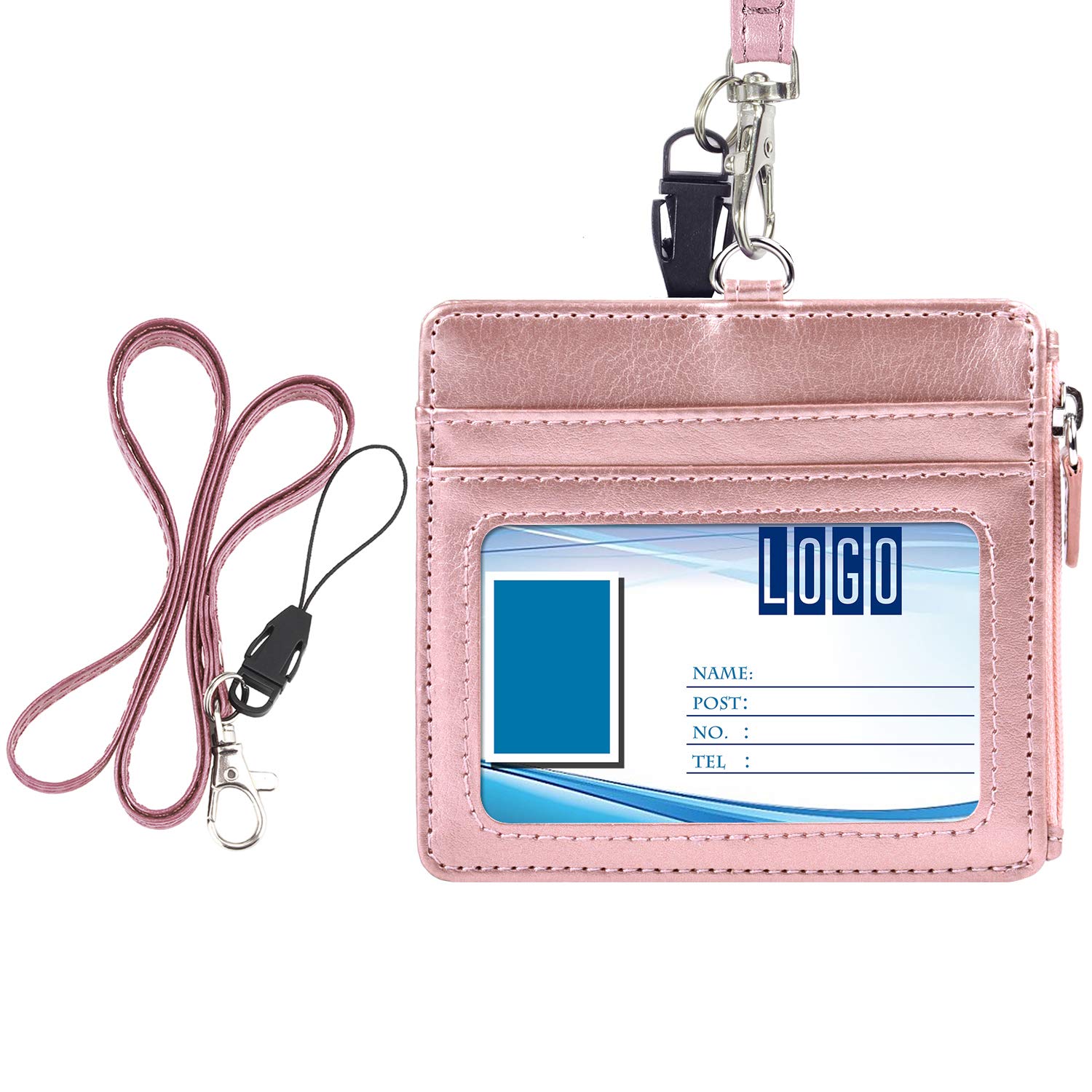Wisdompro Badge Holder with Lanyard - PU Leather Horizontal ID Card Holder with 1 ID Window, 4 Card Slots and Zippered Pocket – Rose Gold