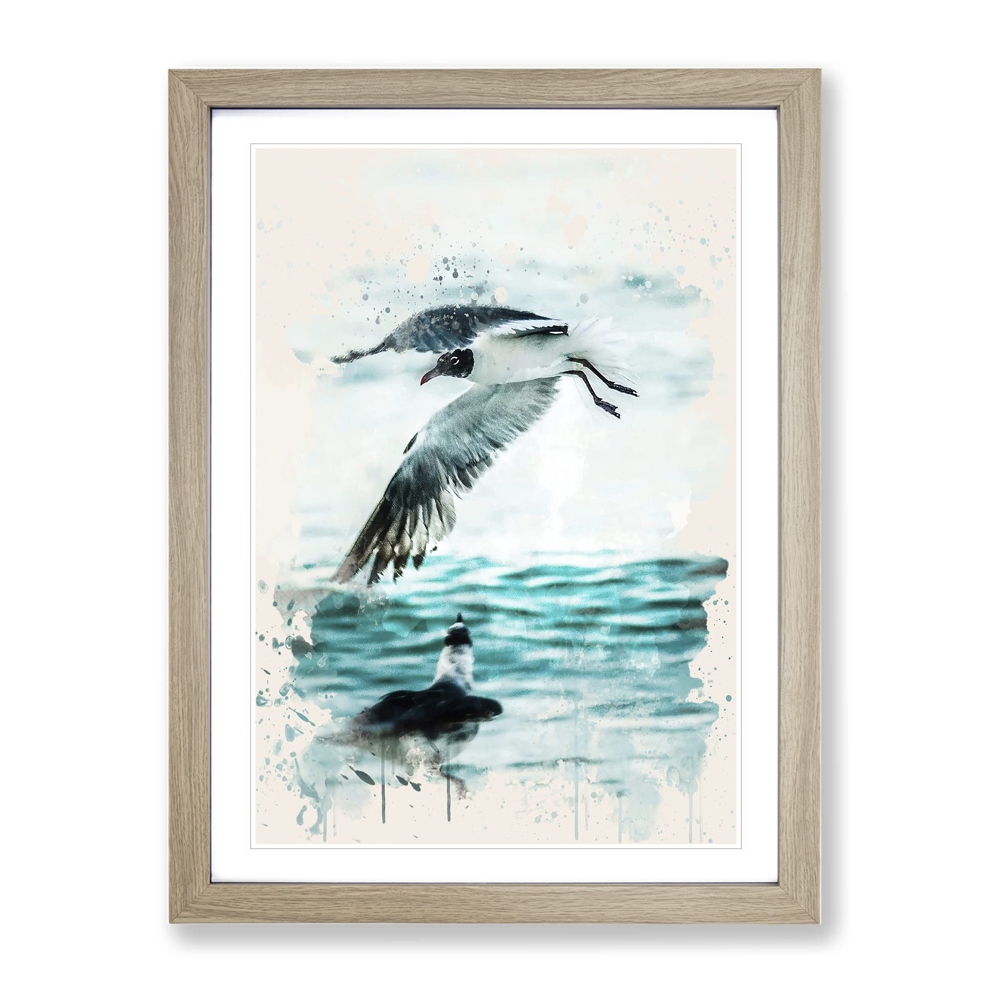 Two Seagulls Seascape Modern Fc Framed Wall Art Print, Ready to Hang Picture for Living Room Bedroom Home Office Décor, Oak A3 (34 x 46 cm)
