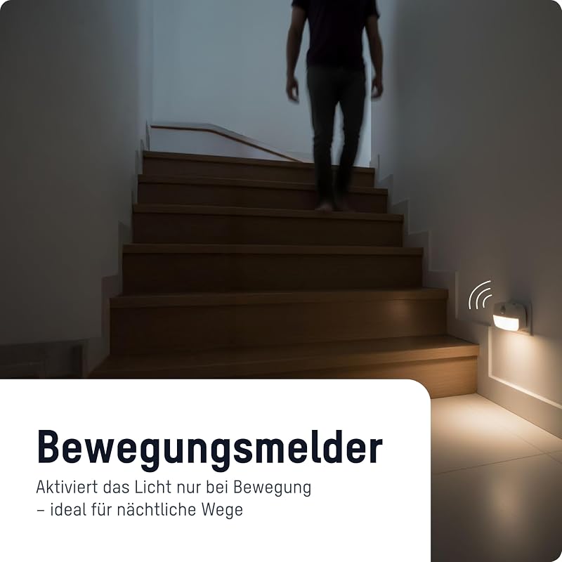 Nachtlicht mit Bewegungsmelder und Dämmerungsfunktion, LED Lampe Steckdose, dimmbar kindersicher und energiesparend, Schlaflicht für Kinder, Babys oder Schlafzimmer mit 3 Helligkeitsstufen