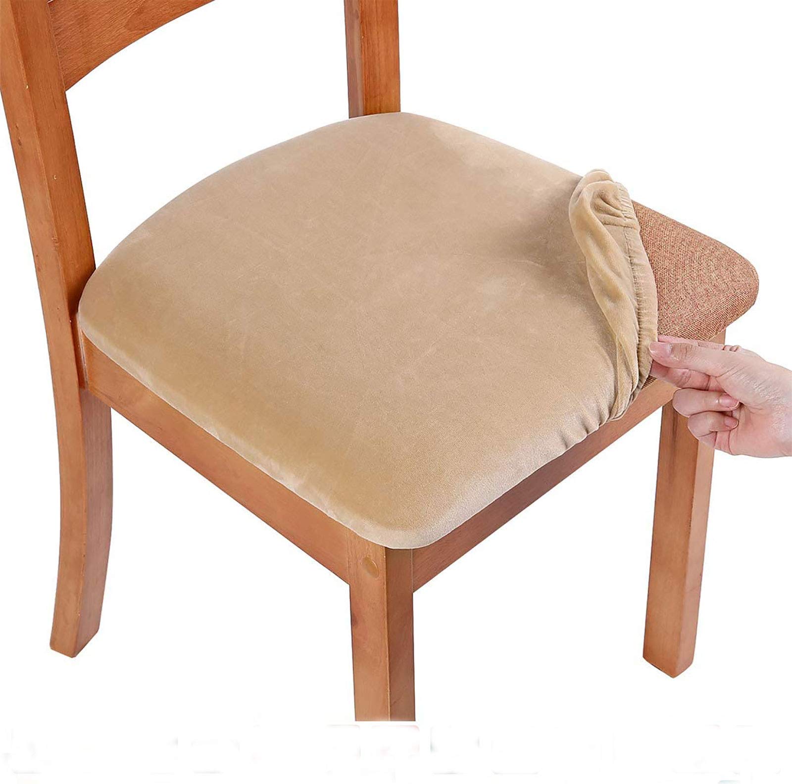 smiry Stretch Chair Seat Covers for Dining Room, Velvet Dining Chair Seat Protectors Chair Slipcovers, Set of 1, Beige