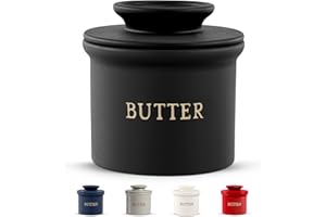Kook Butter Crock with Lid, Soft Spreadable Butter, Ceramic French Butter Keeper to Leave On Counter with Water Line, Butter Dish, Home and Kitchen Decor, Perfect for Christmas Gift (Black)