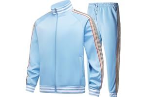 PYALT Men's Tracksuits Long Sleeve Casual Sweatsuit Full-zip Suits Velour Track 2 Piece Set Blue and Khaki