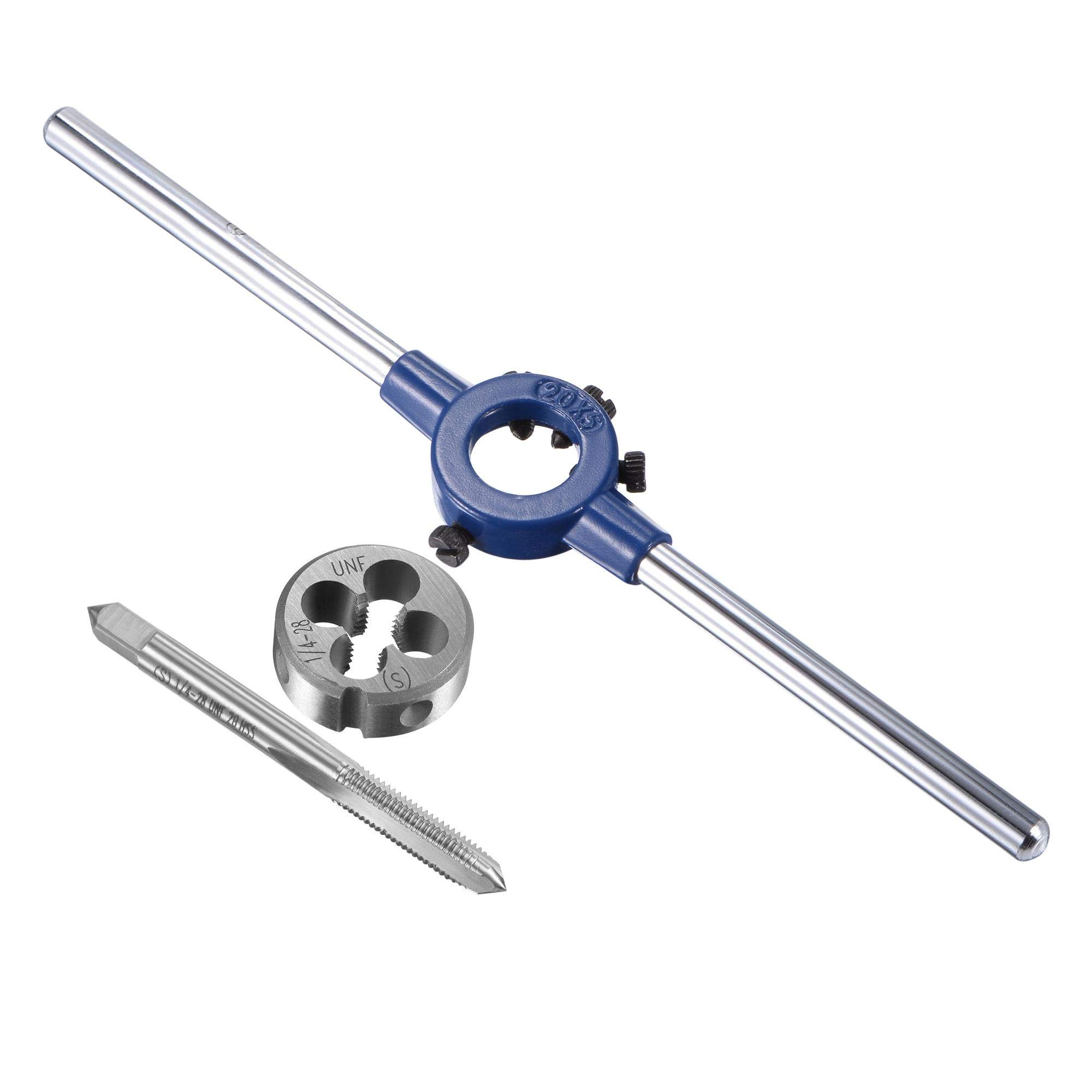 sourcing map 1/4-28 UNF Tap and Die Set with 20mm Round Die Stock Handle Wrench, High Speed Steel Machine Thread Tap and Round Die Threading Tool