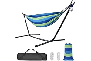 LIVINGbasics 9Ft Double Hammock with Space Saving Steel Stand for Travel Beach Yard Outdoor Camping (Blue)
