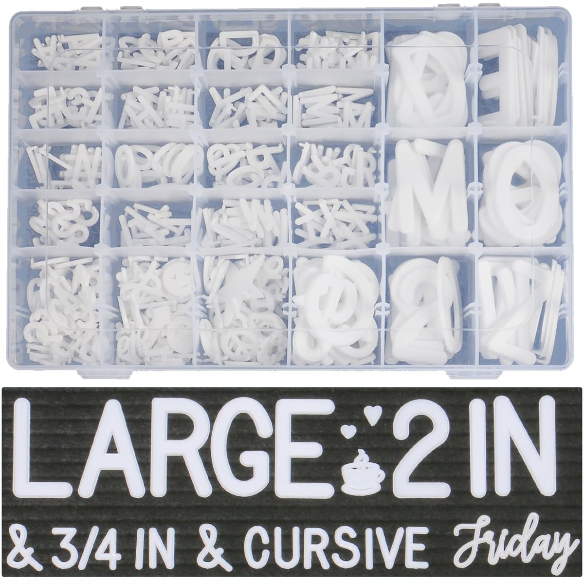 Photo 1 of 559 Extra White Letters With Organizer for Changeable Felt Board (3/4 Inch and 2 Inch) + 11 Cursive Words + 12 Months + 7 Days + Pre-Cut Plastic Letters