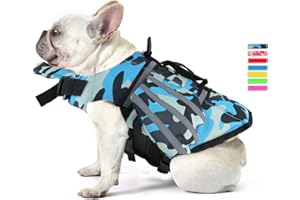 Petglad Dog Life Jacket, Wings Pet Life Vest, Reflective Dog Flotation Swim Vest with Handle and Chin Float for Boating Surfing Swimming, for Puppy Small Medium Large Size Dogs - Blue Camo, S