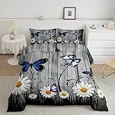 Erosebridal Daisy Comforter Set, Rustic Flower Duvet Sets for Kids Boys Teens Adult, Butterfly Wood Bedding Set Farmhouse Country Daisy Bedding Comforters 3Pcs with 2 Pillow Cases, Queen Size
