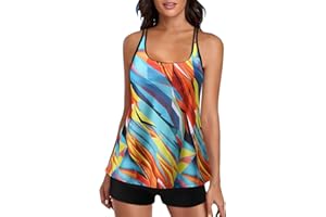 JIXIANG Tummy Control Swimsuits for Women Two Piece Retro Swimsuits Swim Tank Top with Boy Shorts Athletic Flowy Swimwear