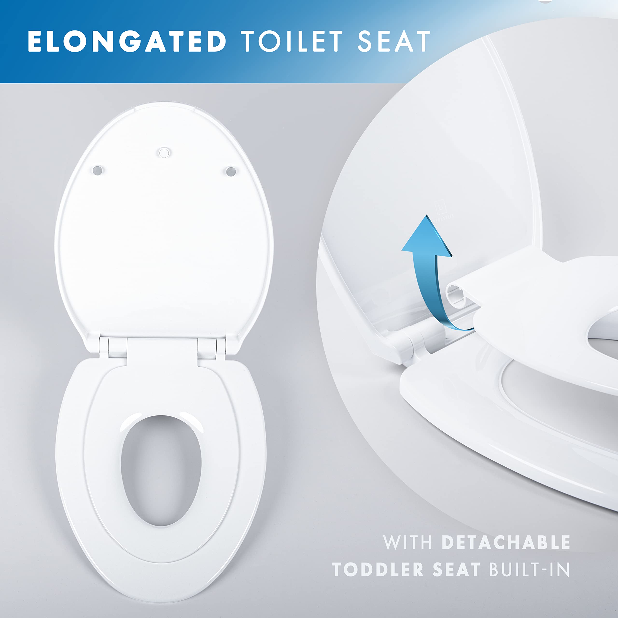 BENKSTEIN Quick Release Toddler Toilet Seat Attachment - Heavy Duty Potty Training Seat - Soft Close Toilet Seat with Toddler Potty Seat For Toilet - Elongated Toilet Seat with Toddler Seat