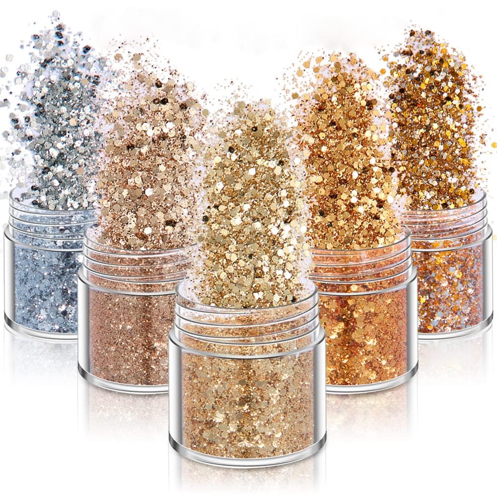 Photo 1 of 5 Boxes Sparkle Gold Glitters Autumn Holographic Sequins for Acrylic Nail Art Supplies, 3D Iridescent Powder Flakes Glitters for Manicure Body Eyes Hair Makeup Decoration