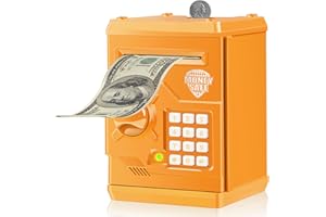 Qwifyu Piggy Bank for Boys Girls,Kids Safe Money Bank for 4 5 6 7 8 9 10 Year Old Girl Boy Birthday Gift,Electronic Password Money Saving Box ATM Safe Bank Toys for Kid （Orange）