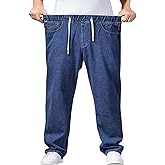 Djeanxa Men's Plus Size Elastic Waist Drawstring Jeans, Casual Straight Leg Jeans, S-4XL