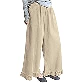 Omoone Womens Corduroy Pants Wide Leg Ruffled Hem Elastic Waist Lounge Cord Pants with Pockets