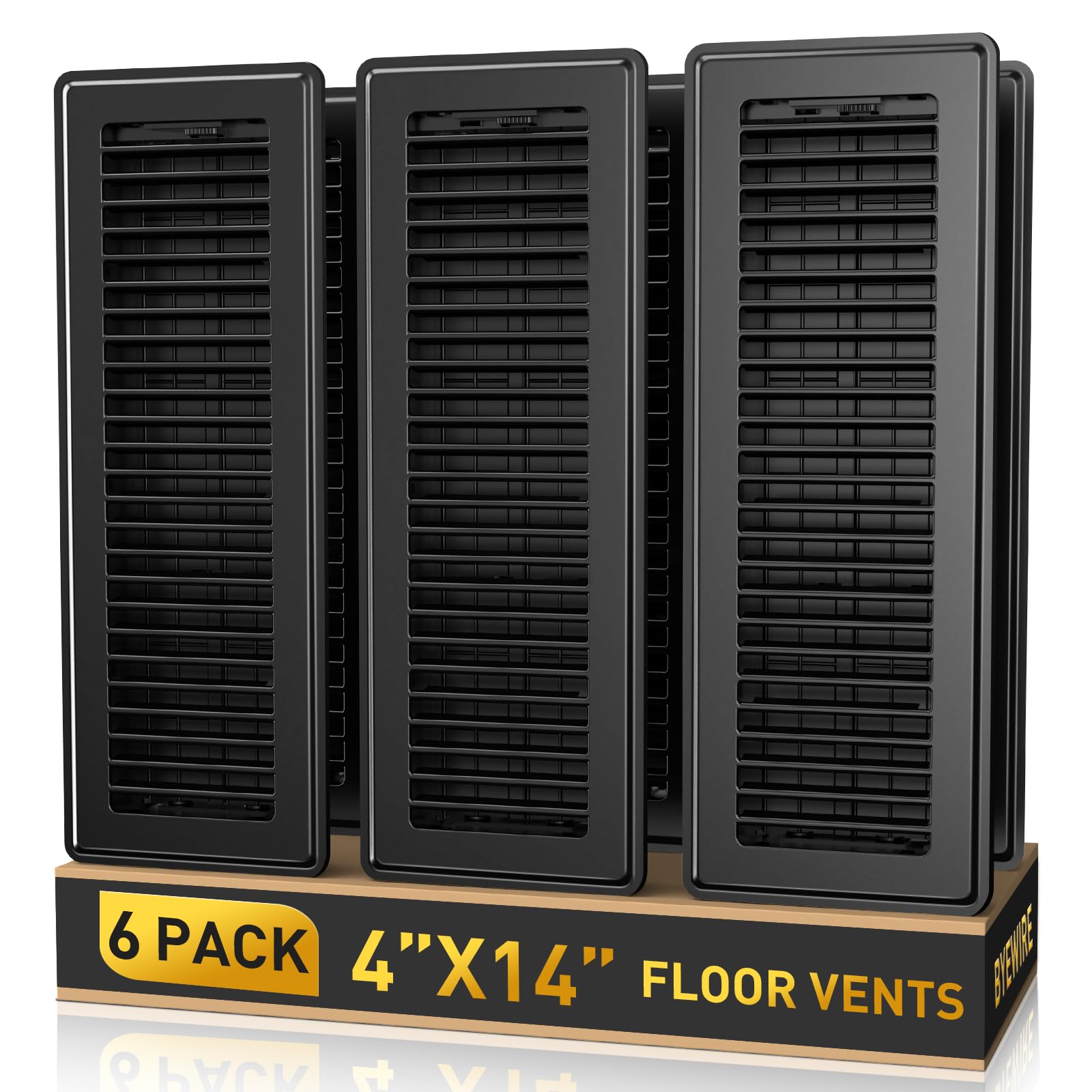 Photo 1 of 4x14 Floor Register 6-Pack, Heavy Duty Steel Walkable Vent Covers for Home Floor, Adjustable Quiet Airflow Vent Grill, Rust-Proof Black 14x4 Floor Vents