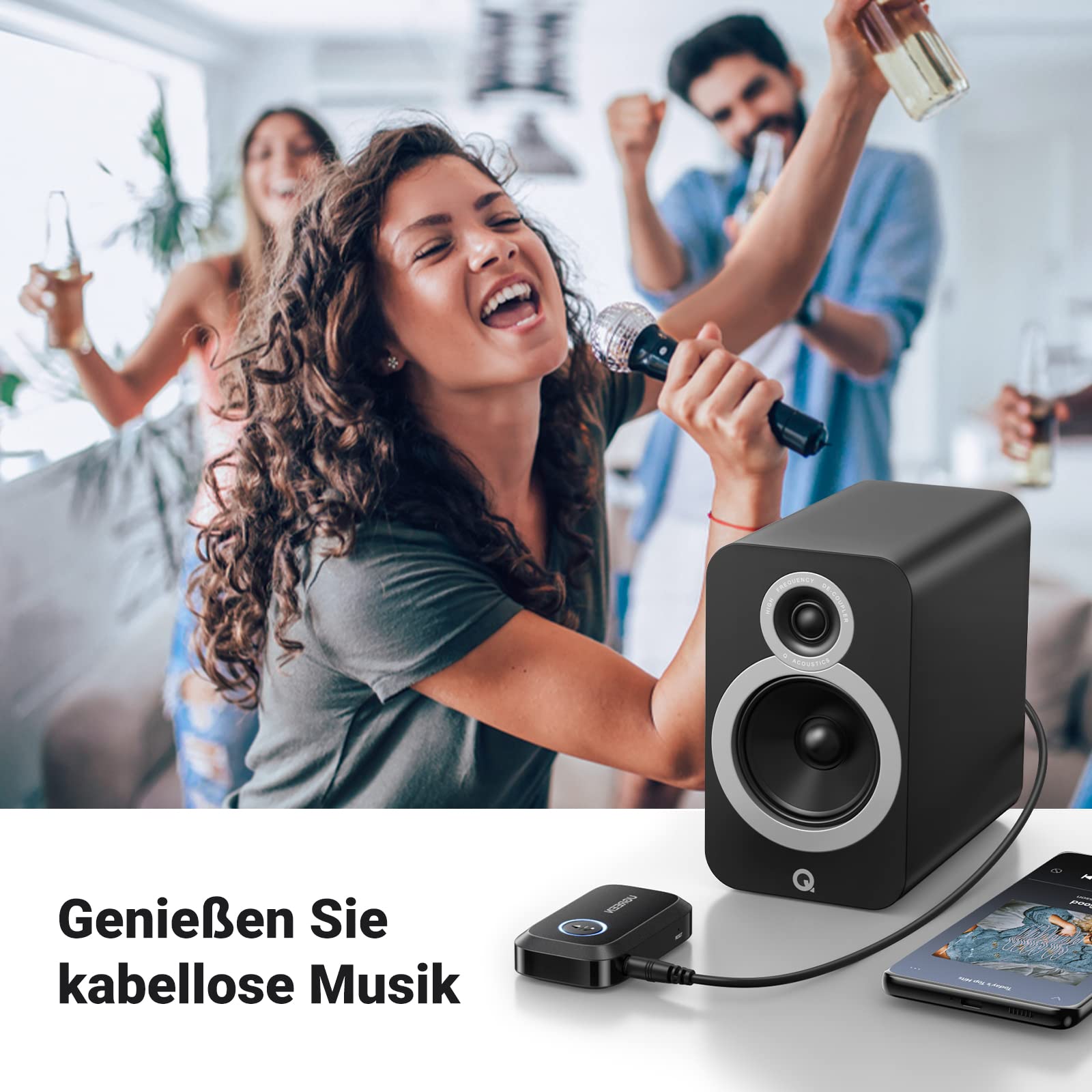 UGREEN Aux Bluetooth Adapter Auto Bluetooth 6.0 Empfänger Freisprechanruf, Stereo Musik, Dualer Kopplung mit 15 Stunden Spielzeit Klinke Adapter für Autoradio/Stereoanlage(Schwarz) 6