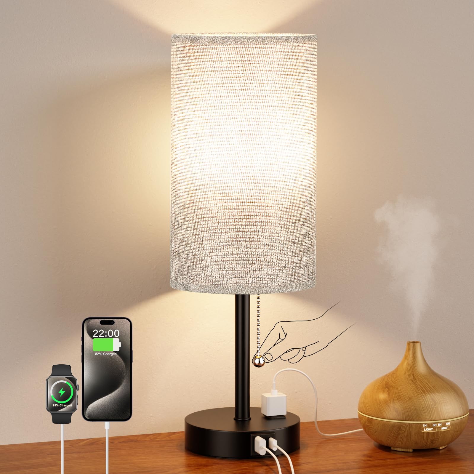 Photo 1 of 17.4Inches Grey Bedside Lamp for Bedroom Nightstand - Tall Table Lamp with USB A + C Charging Port & AC Outlet, 3 Color Temperatures Pull Chain Light, Side Table Desk Reading Lamp for Living Room