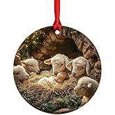 KLbyLe Christmas Decorations 2025 – Religious Ornament, Xmas Gift, Nativity Scene Acrylic Ornament – Jesus with Lambs, 3.5” Christmas Keepsake with Red RibbonBaby (Jesus and Lambs)