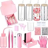 Baderke 20 Pcs Snow Globe Tumbler DIY Kit 16 oz Tumbler Squeeze Bottle, Glitter, Funnel Tweezer Silicone Cup Cradle Measuring Cup Glove Flashlight Buffer for Beginner(Pink,Classic)