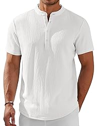 COOFANDY Men's White Henley Shirt Short Sleeve Band