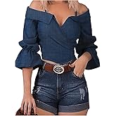 SweatyRocks Women's Cold Shoulder Wrap Crop Blouse 3/4 Length Sleeve Ruffle Hem Dressy Shirt Tops