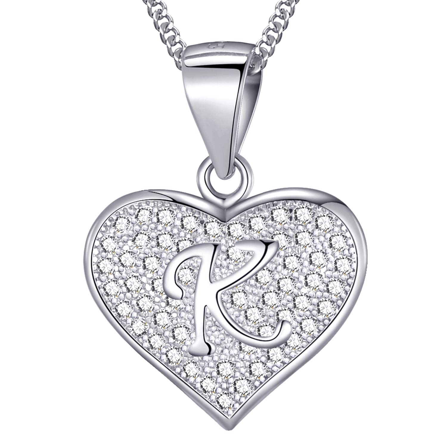 MASADA 925 Sterling Silver Heart Letter Necklace - Initial Pendant with Zircon Stones - Letter K - Personalised Alphabet, Teens & Girls - 46 cm - 18 inch Chain in Velvet Bag