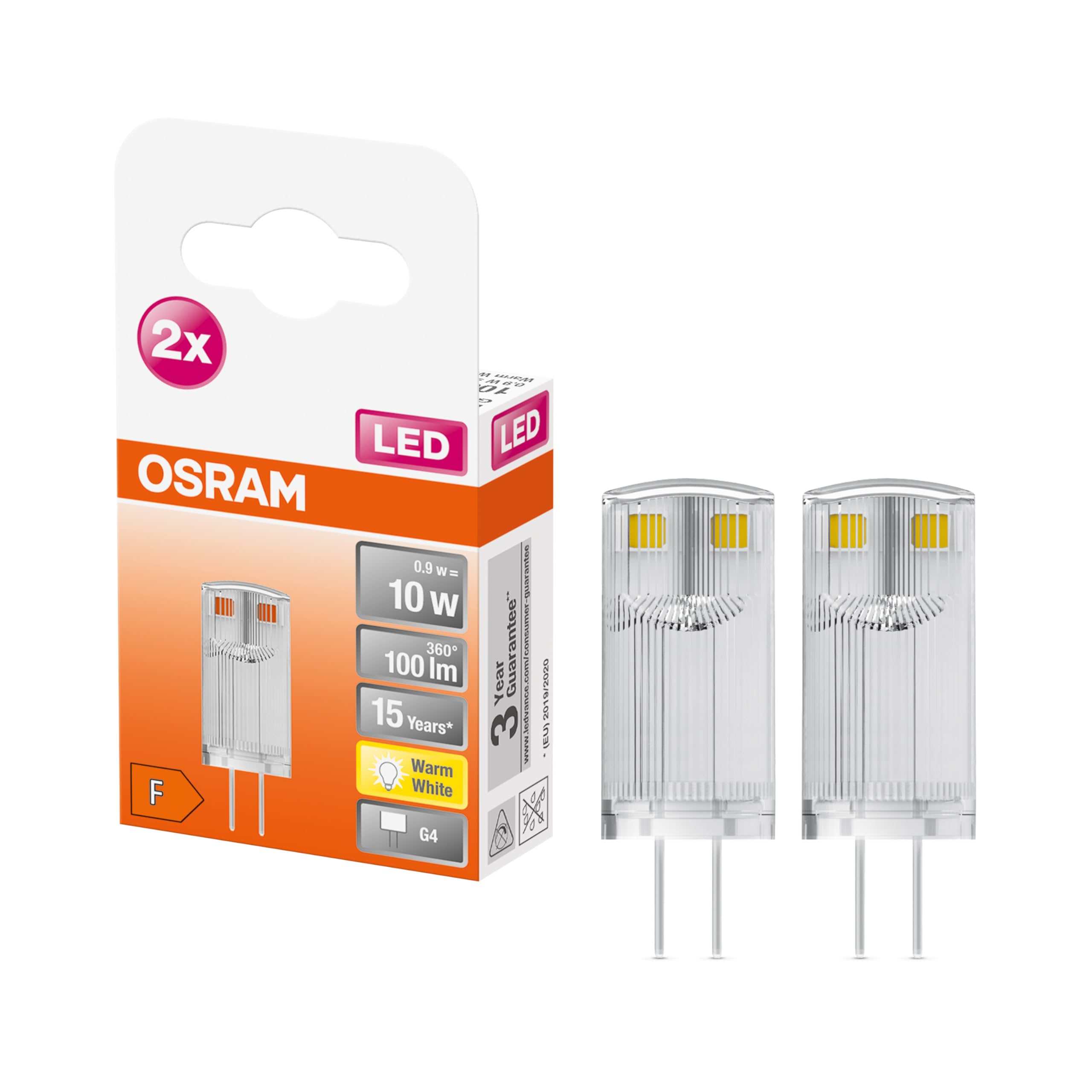 OSRAM Pack of 2 x LED PIN 12 V | LED lamp: G4, 0.90W = Replacement for 10W | Warm White, 2700 K