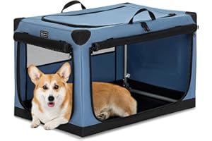 PETSFIT Collapsible Dog Crate, with Patented Adjustable Fabric Cover, Chewproof & Lockable Mesh Doors, Waterproof Base Soft Kennel Blue 30 Inch