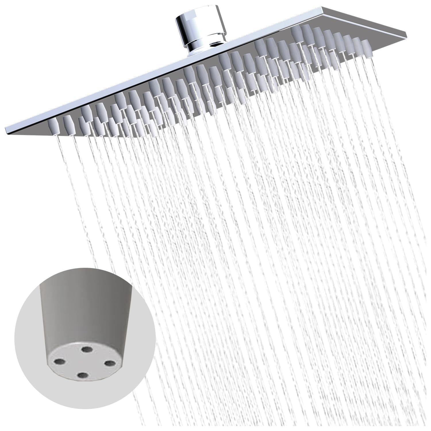 Delnet 4 Holes&6 inch(15.24CM) Fixed Rain Shower Head, High Pressure Square Overhead Shower Head, with Angle Adjustment, 304 Stainless Steel Replacement Shower Head, Chrome