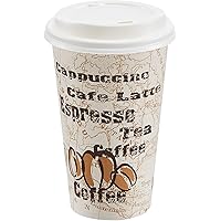 鶹 Basics Disposable Paper Hot Cups with Lids, Café Design, for Coffee, Tea, and To Go Drinks, 16 oz, 100-Count