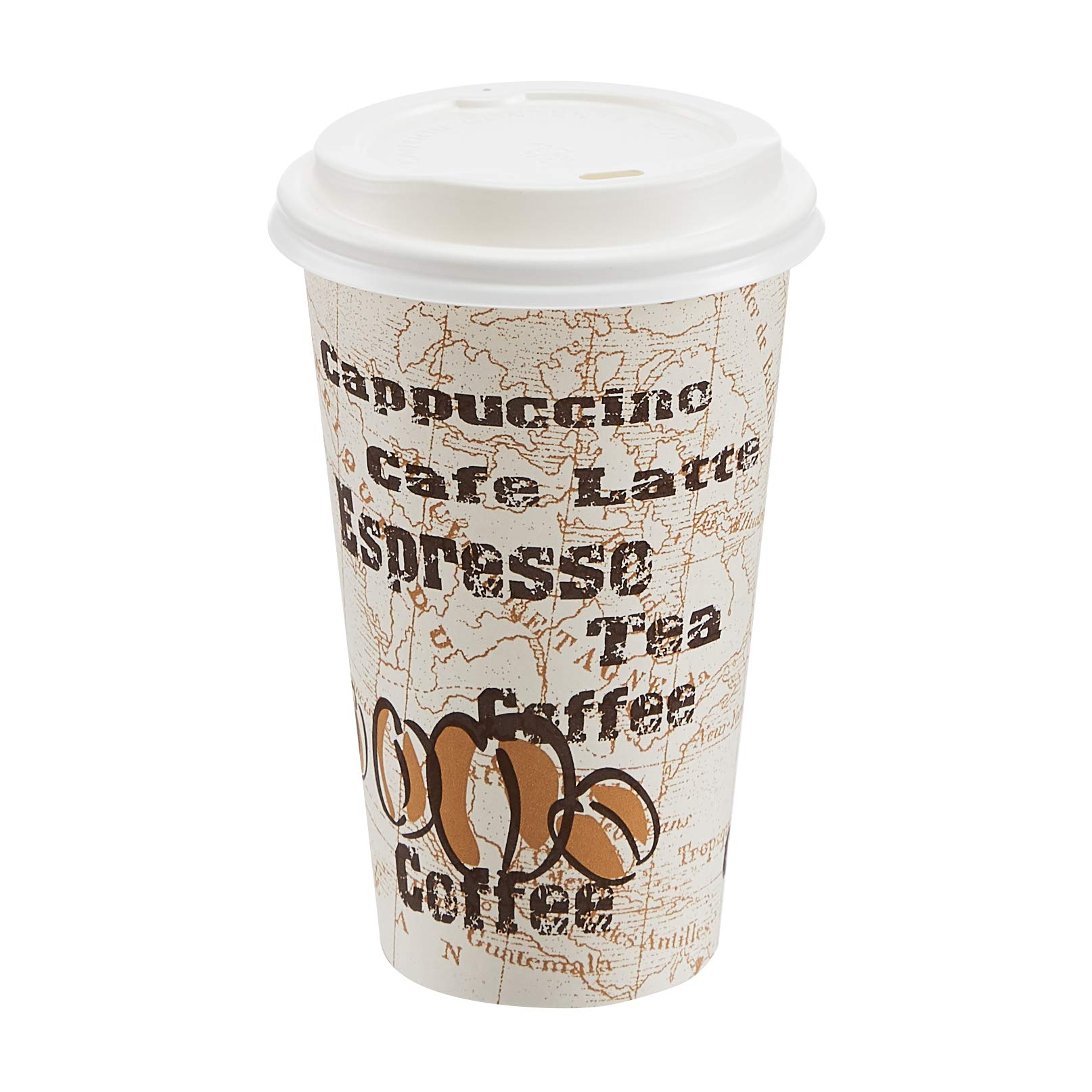 Photo 1 of Amazon Basics To Go Hot Paper Coffee Cups with Lids, 16 oz, Café Design, Disposable, 100-Count