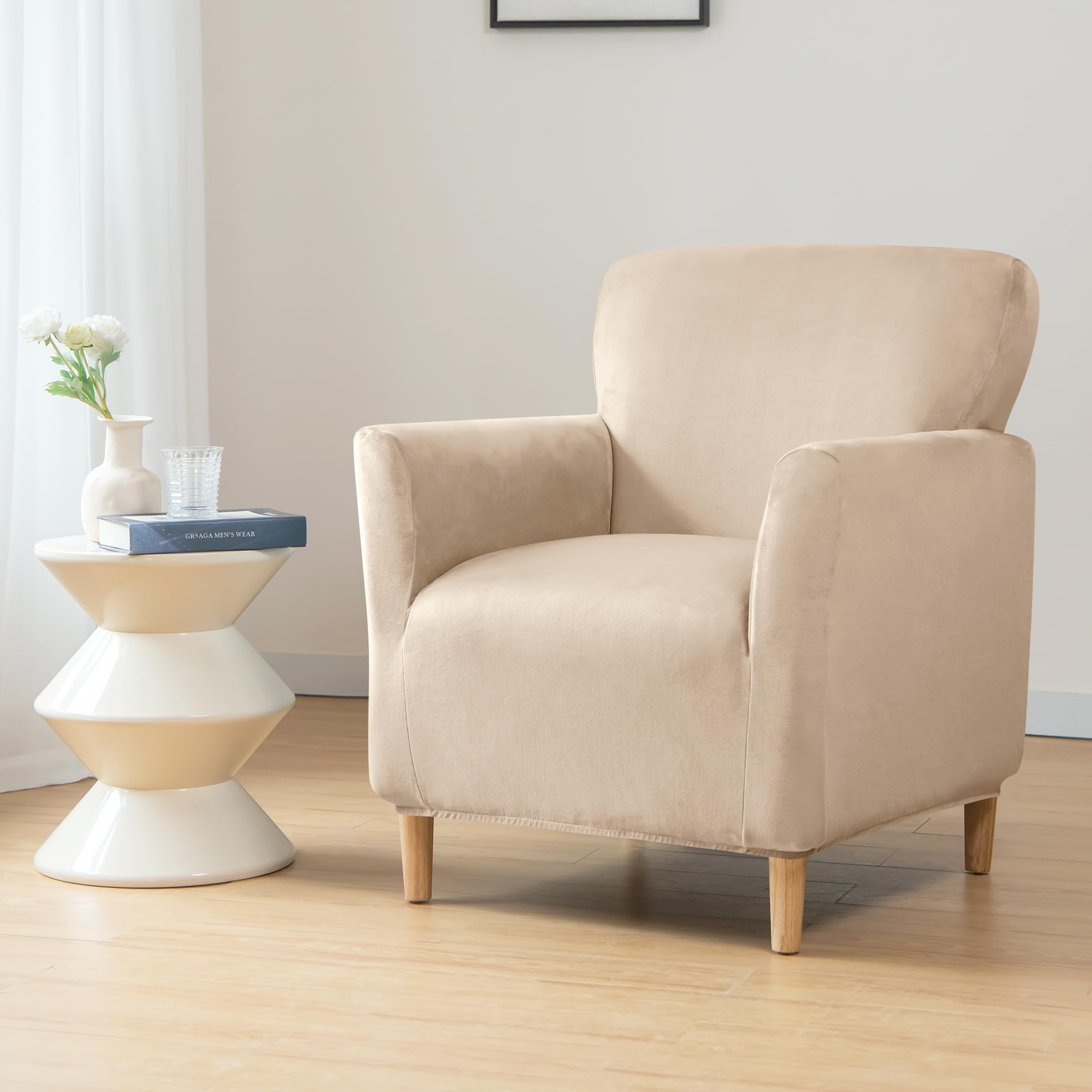 OKYUK Banquet Armchair Slipcovers Luxury Velvet Chair Slipcovers with Arms Stretch Chair Covers for Living Room Soft Armchair Slipcover Anti Slip Dog Pet Friendly Furniture Protector (Beige Grey)