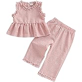 Kupretty Toddler Girl Clothes Baby Summer Outfits Gingham Ruffle Sleeveless Vest Shirt Tank Tops Pants Set 1T 2T 3T 4T 5T