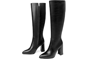 COLETER Women's Knee High Boots Pointed Toe Chunky Gogo Boots Zipper Block Heeled Tall Dress Boots