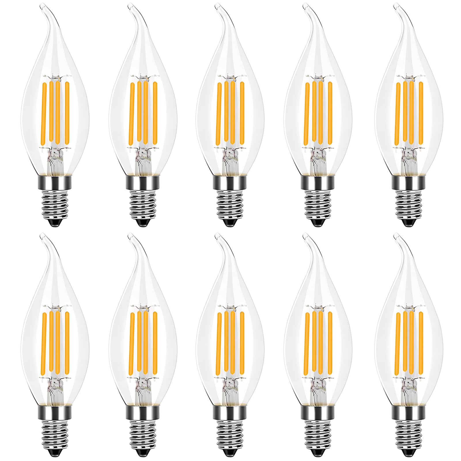 10 Pack E14 LED Non-Dimmable 4W Warm White 2700K, C35 Bent Tip Flame Shape, Vintage Led Chandelier Light Bulbs, 40w Candelabra Halogen Bulb, LED Candle Filament Bulb Light