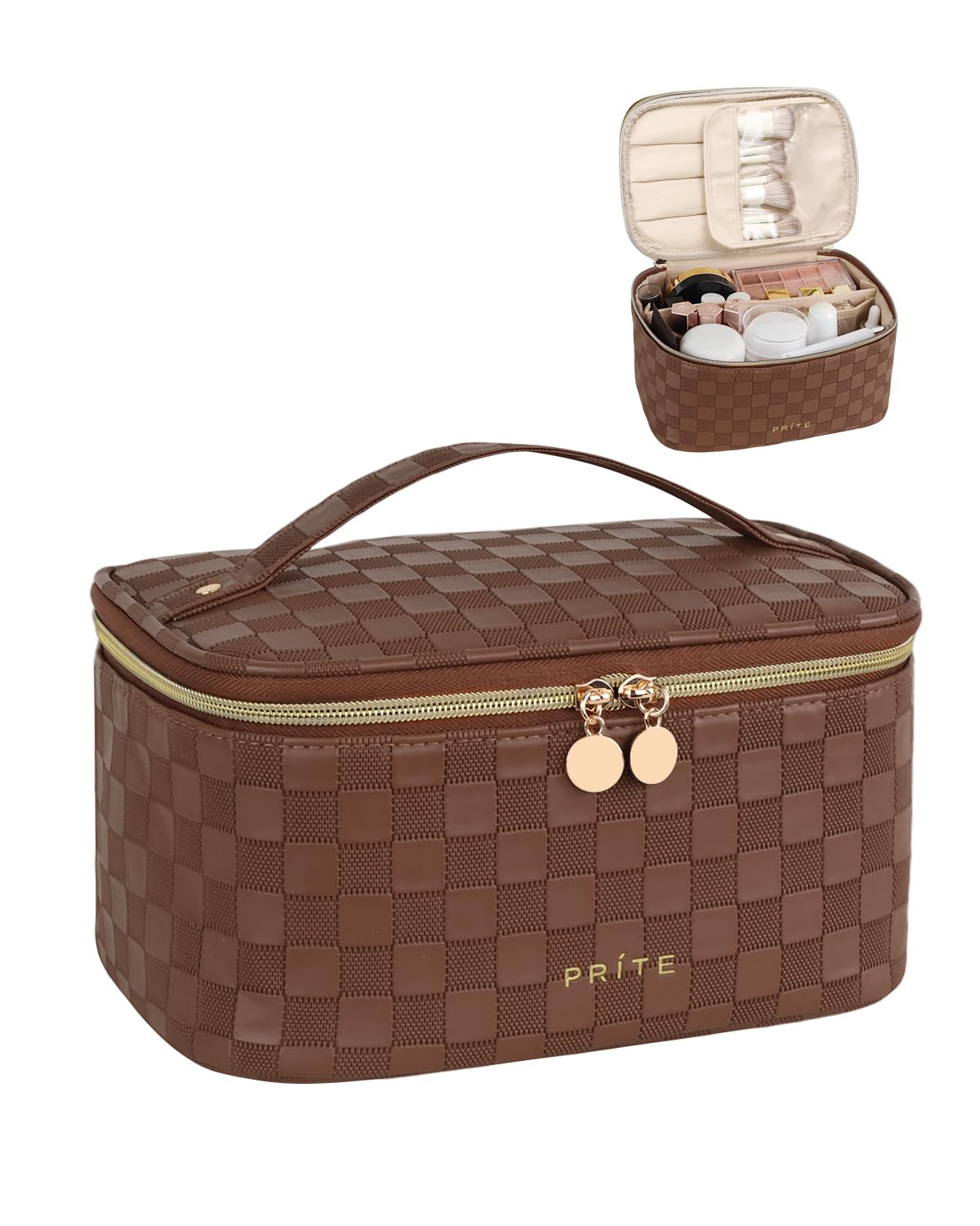 Photo 1 of Prite Makeup Bag Portable Cosmetic Organizer with Brush Holder Waterproof Travel Toiletry Bag for Women with Handle and Divider (Checkered Brown)